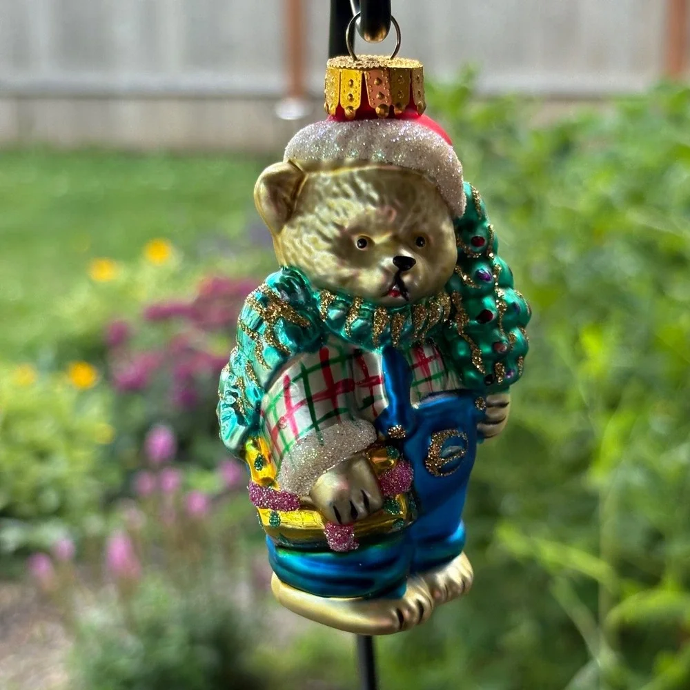 Unique Treasures Hand Crafted Glass Teddy Bear Christmas Ornament Overalls Tree